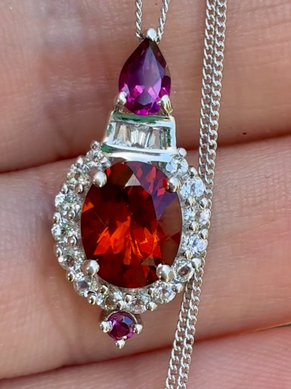 3.31CTW genuine red citrine / rhodolite garnet/ zircon solid sterling necklace
